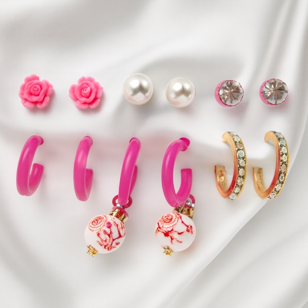 Stylish Pink & Gold Earring Set – 6 Pairs with Floral, Hoop & Rhinestone Accents